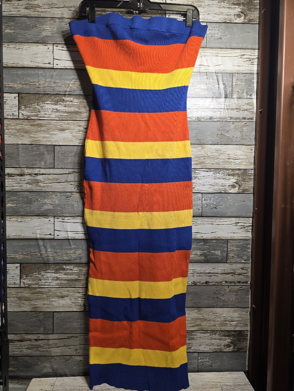 AKIRA Strapless Maxi Dress in Blue, Orange & Yellow Bold Stripes